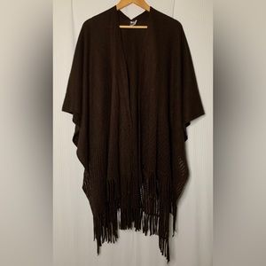 A.co - Chocolate Brown Knit Poncho/ Shrug With Bottom Fringe Detail - One Size
